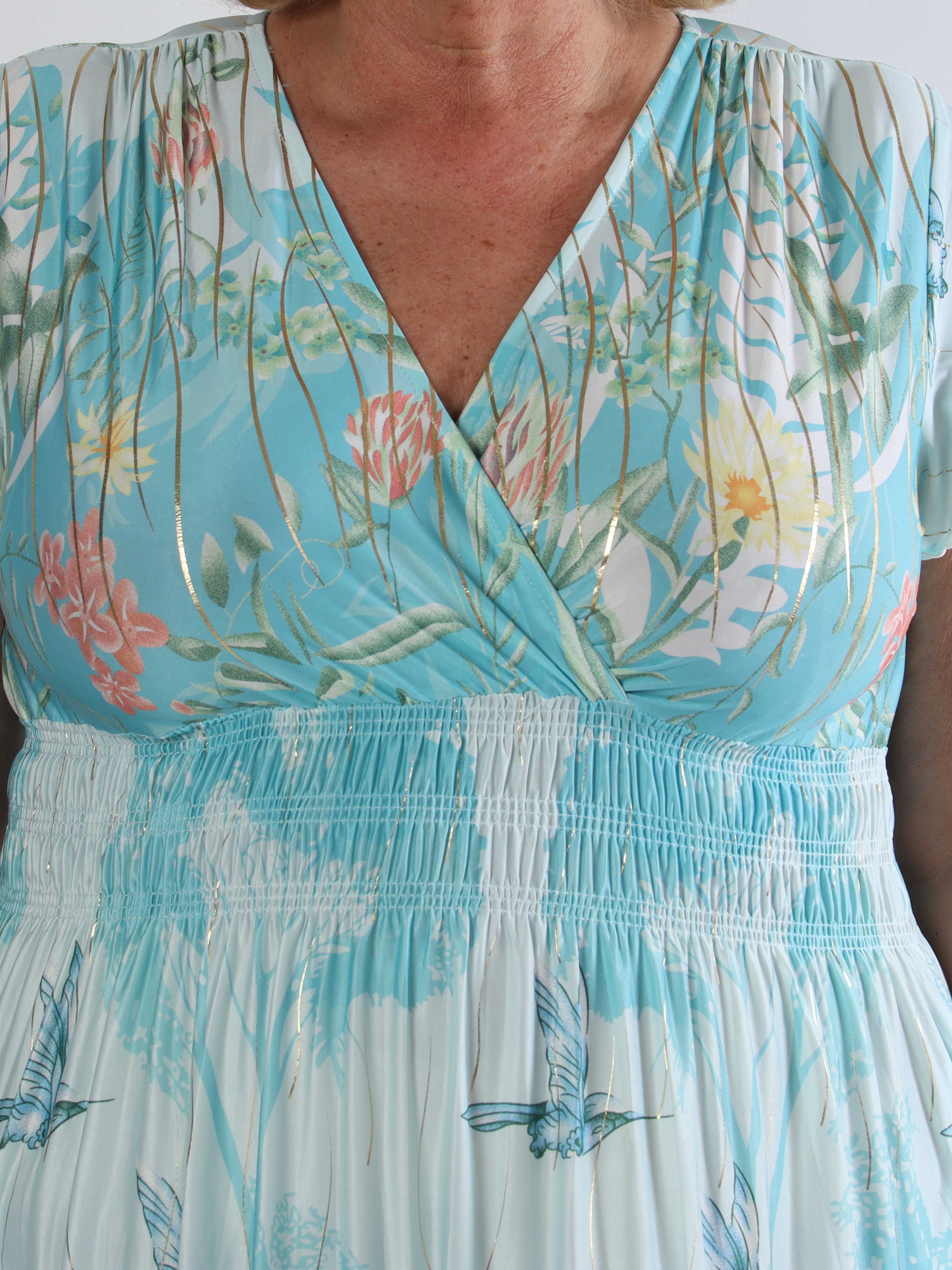 Pams Hummingbird Short - Kort plus size kjole med fuglemotiver og guld detaljer